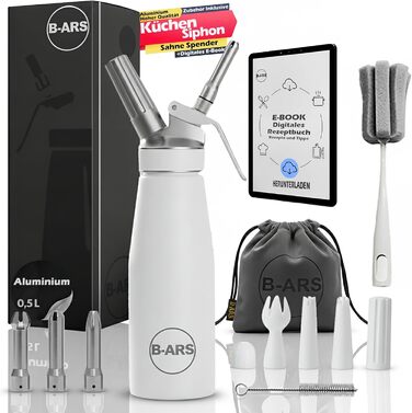 Кухонний сифон B-ARS з алюмінію, 500 мл, білий – аксесуар для холодних мусів та десертів, без системи тиску, з нержавіючою сталевою насадкою, придатний для миття в посудомийній машині