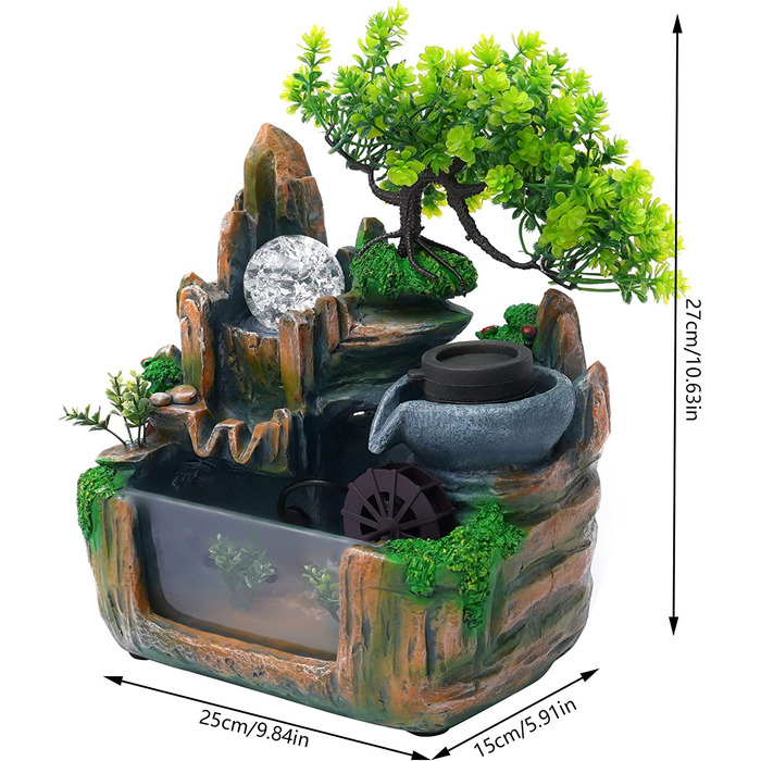 Фонтан HarBin-Star для дому та саду з LED-підсвіткою, водоспад, туман, кришталева куля, зелена рослина, десктопний фонтан, 34 x 24 x 34 см