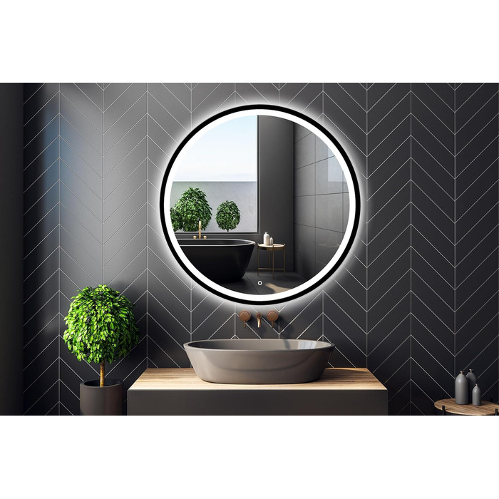 Дзеркало для ванної кімнати LED 60 см з чорною рамою, кругле, з підсвіткою (80x80 см)