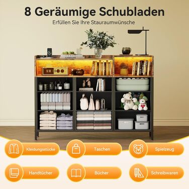 Комод ODK з шухлядами, 2 розетки, 2 USB, 10 LED-смужок, полиця-стільниця, 9 тканинних шухляд, чорний (ретро стиль), 130x30x97 см