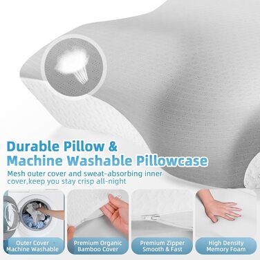 Ергономічна подушка з ефектом пам'яті (Memory Foam) для шиї та підтримки хребта, ортопедична подушка для сну на боці та спині з бамбуковим чохлом, сіра