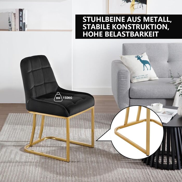 Стілець для їдальні WOLTU, кухонний стілець з велюру, набір 8 шт., чорний, з металевим каркасом