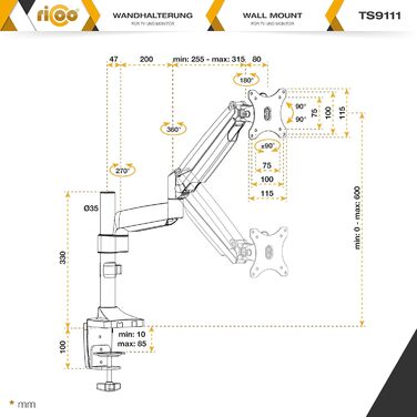 Тримач для монітора RICOO TS3011: кріплення для 13-34 дюймових моніторів VESA 75x75/100x100, газ-амортизатор, регулювання висоти, настільний кріплення
