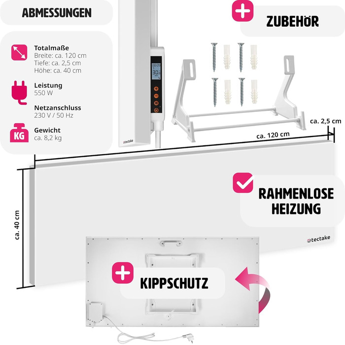 Інфрачервоний обігрівач tectake із захистом від нахилу, термостатом і захистом від перегріву, інфрачервоний обігрівач для стіни, для стельового монтажу або як інфрачервоний обігрівач Підлоговий блок електричний (1100, Ватт) (550 Вт)