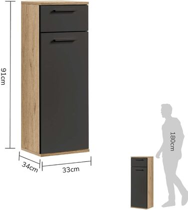 Пенал для ванної кімнати Капітан, 180x33x34 см, дуб-чорний, Шафа для ванної кімнати/Верхня шафа для ванної кімнати