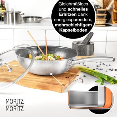 Вафельниця Moritz & Moritz з нержавіючої сталі 30 см з керамічним покриттям нового покоління - підходить для всіх типів плит - антипригарний вок з вафельною структурою для смаження, тушкування та варіння (з кришкою)