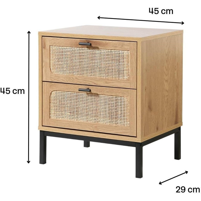 Ситцева тумбочка з 2 ящиками, плетений з ротанга, металевий каркас, ефект дуба, 45x35xH, колекція Jaya