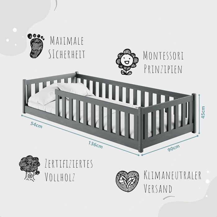 Дитяче ліжко Kids Collective Kinderbett з бортиками та ламелями, 90x190 см, сірий графіт | Ліжко-платформа, Монтессорі, для дітей та підлітків