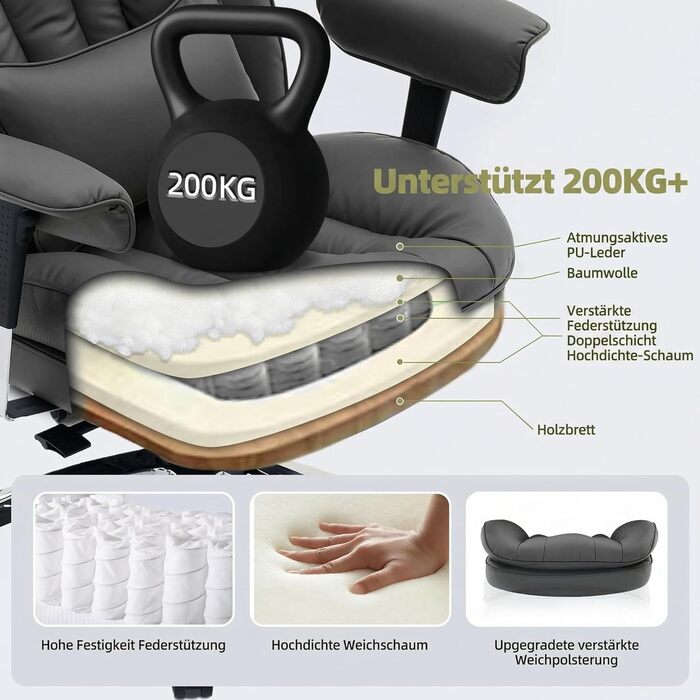 Ергономічне офісне крісло Efomao з PU шкіри для дому та офісу, 200 кг, з підставкою для ніг та підтримкою попереку, чорне