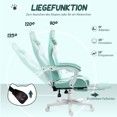 Ігрове крісло HOMCOM з котячими вушками, регульованою спинкою, висувною підніжкою, максимальною вагою до 120 кг, колір - морська хвиля