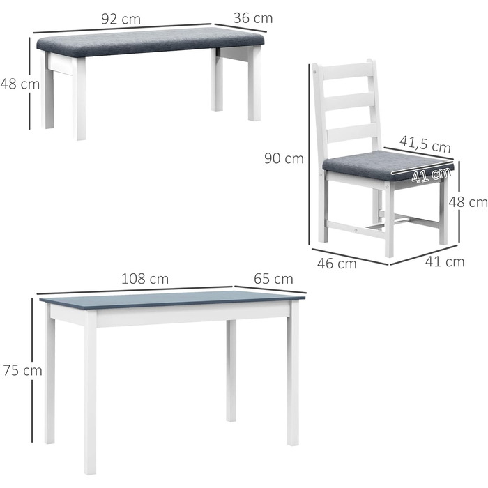 Обідній набір HOMCOM обідній стіл, 2 стільці та лавка, 4 предмети, лляний вигляд, соснове дерево, сірий/білий