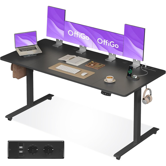Регульований стіл OffiGo 180 см, електричний з USB, standing desk з пам'яттю, для офісу та дому, білий (180 x 70 x 72 см)