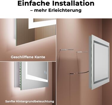 Дзеркало для ванної кімнати LOMIKEN з підсвічуванням, 60x50x3,5 см, LED, 6400K, 3 колірні температури, антивідблиск, вертикальна/горизонтальна установка