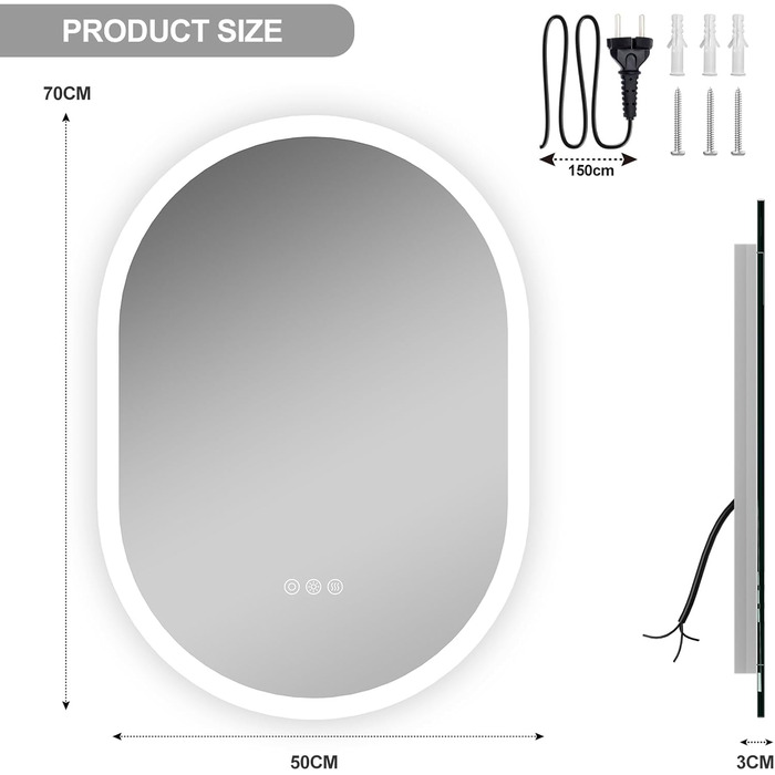 Круглий LED-дзеркало для ванної кімнати ChillCruiser 50см з чорною рамою, антизапарник, 3 кольори, пам'ять, 500x700мм