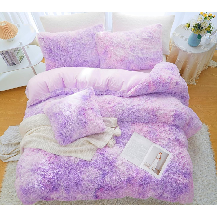 Комплект постільної білизни Menkala Plush 155x220 Tie Dye Purple, Пухнастий, з наволочкою 80x80 см