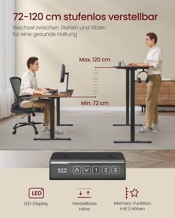 Електричний регульований стіл VASAGLE, сталеве каркас, без стільниці, з 2 гачками, пам'ять 3 положень, чорний (LSD021B01V2)