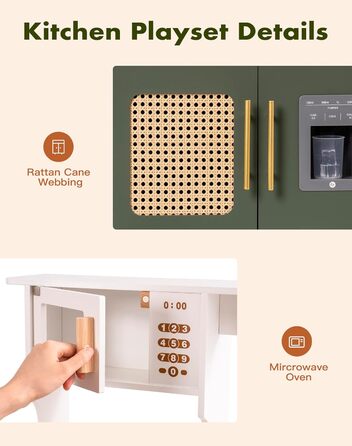 Дерев'яна дитяча кухня ROBOTIME Retro з аксесуарами, мікрохвильовка, диспенсер для льоду, шафка з ротангу, зелений колір, для дітей 3-8 років