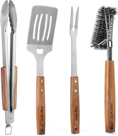 Набір гриль-посуду Onlyfire 4 шт. з нержавіючої сталі та акації (щипці, лопатка, виделка, щітка)