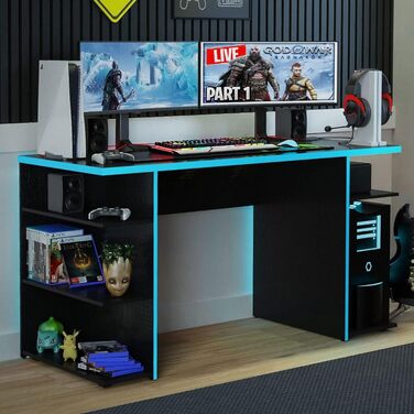 Комп'ютерний стіл Madesa Gaming з 5 полицями, 136x60x75 см, дерево - чорний/синій