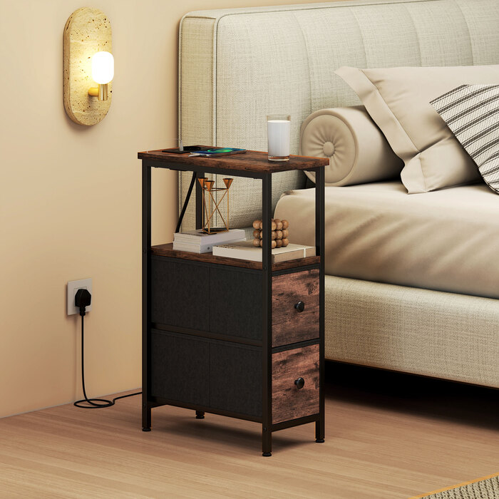 Журнальний столик-приліжний столик з підзарядною станцією, сталевий каркас, 2 висувні ящики з тканиною, відкритий відсік, розміри 20x40x63 см, колір: рустикальний коричневий.