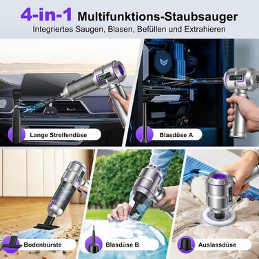 Акумуляторний ручний пилосос 4-в-1 Handstaubsauger, 25000Па, безщітковий мотор, з дисплеєм та функцією самоочищення, для дому та авто, сріблястий