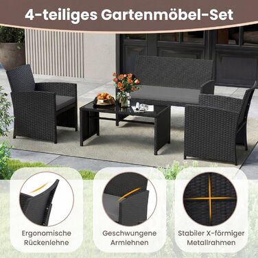 Садовий набір меблів COSTWAY з ротангу для балкона та тераси: диван, 2 крісла, стіл, подушки (сірий + чорний)