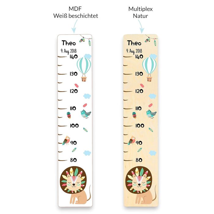 Дитяча дерев'яна вимірювальна паличка Holzura, вимірювальна паличка з іменем для дитячої кімнати, подарунок на день народження для хлопчика та дівчинки, вимірювач зросту для дітей (лев, дерево з білим покриттям)