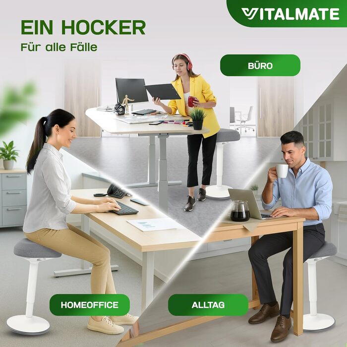 Офісний стілець VITALMATE з регулюванням висоти та неслизьким покриттям. Стільчик-гойдалка, стоячий стілець для офісу та дому (білий)