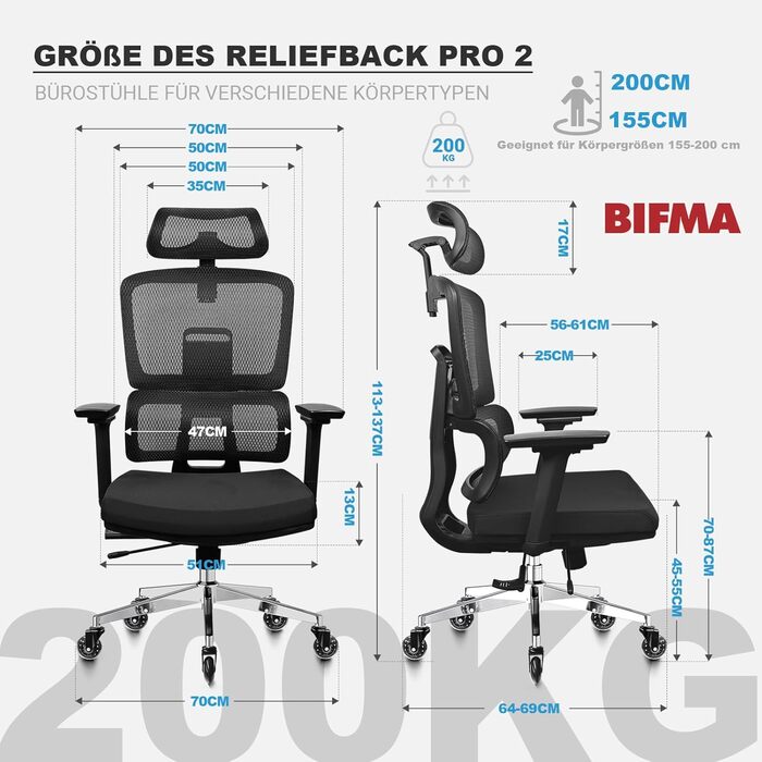 Ергономічне офісне крісло 200 кг | Регульована спинка 6P | 4D підлокітники | Безшумні гумові колеса | Регулювання глибини сидіння | Крісло для великих людей | Перевірено EN12520 | Пінощільність 45