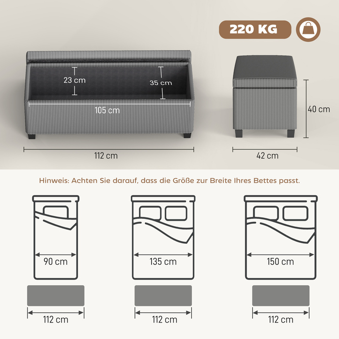 Лавка з місцем для зберігання, м'яка лавка для зберігання, для вітальні, спальні, коридору, обтягнута тканиною з корду, сірого кольору