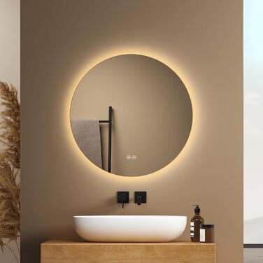 Дзеркало для ванної кімнати EMKE круглої форми з підсвічуванням 80 см – дзеркало з 3 кольорами світла, регулюванням яскравості, сенсорним управлінням, функцією пам'яті, енергозберігаюче – для ванної кімнати та на стіну (50x50 см)