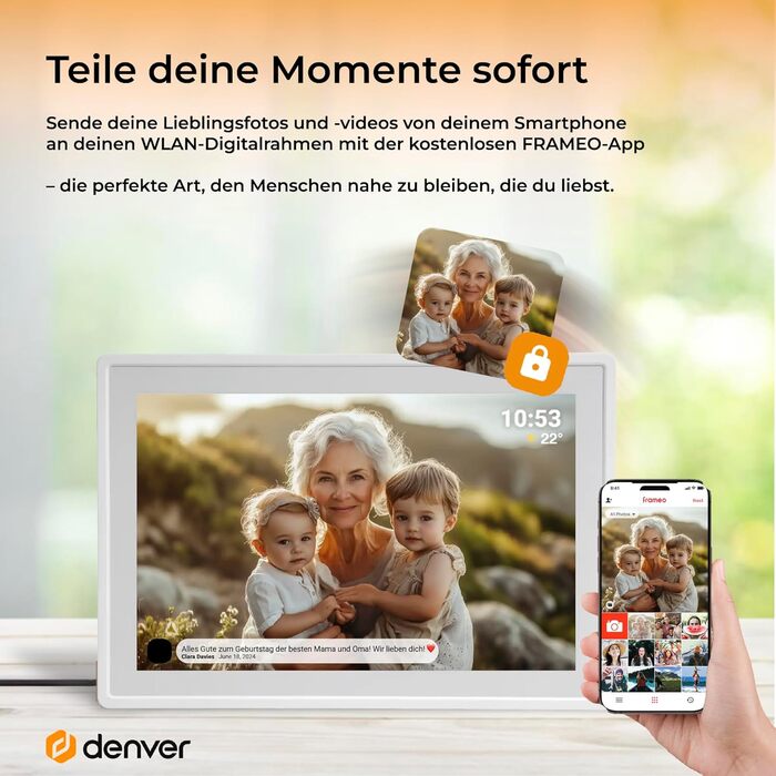 Цифровий фоторамка Denver 10,1 дюйма з Wi-Fi, сенсорним екраном, 16GB, керуванням через додаток, USB та microSD
