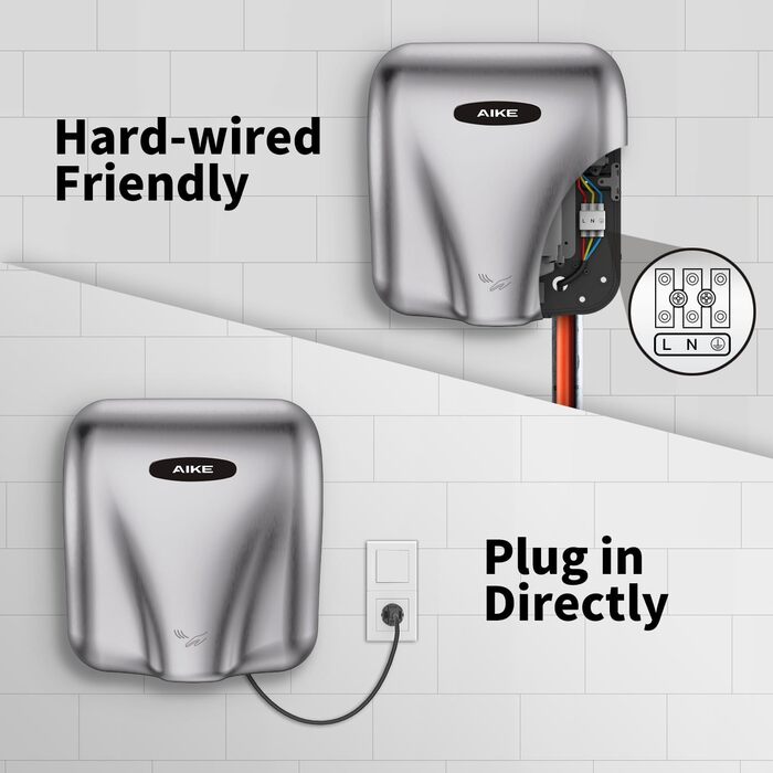 AIKE AK2801B Преміум сушарка для рук - електрична, з датчиком, HEPA-фільтр, нержавіюча сталь, 10-15 сек сушіння