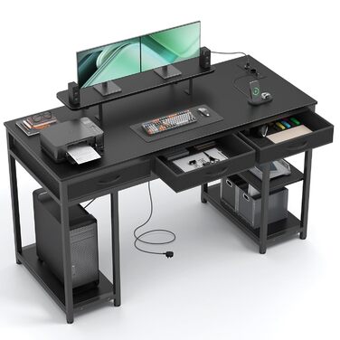 Комп'ютерний стіл Claiks з 3 висувними ящиками, полицею, 2 розетками та 2 USB-портами для зарядки, білий (140 x 60 см), чорний