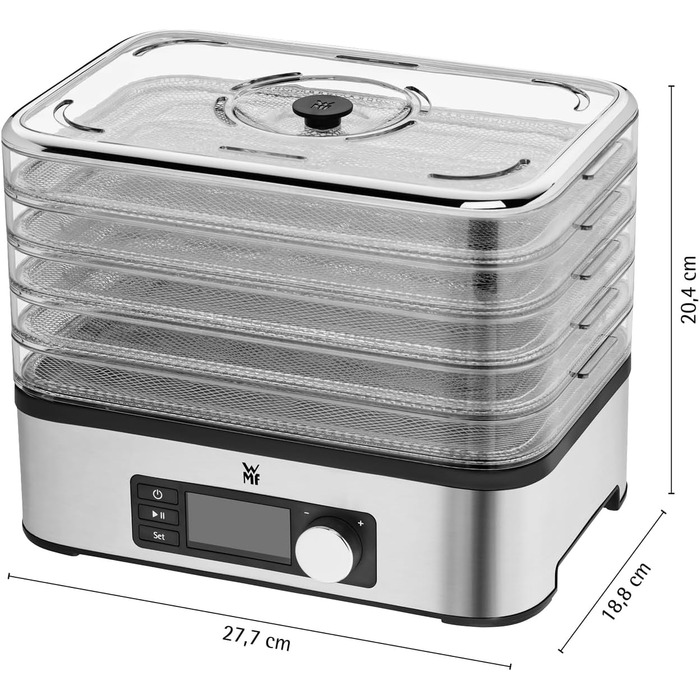 Сушарка для фруктів та овочів WMF Küchenminis Edelstahl, 5 ящиків, 30-70°C, таймер до 24 год, з контейнерами для зберігання