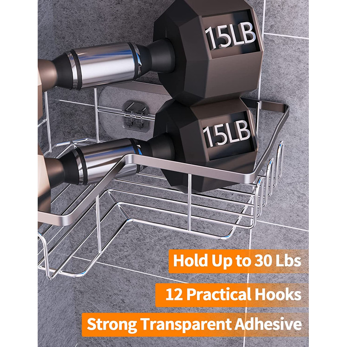 Підставка для душу без свердління з 12 гачками, 2 упаковки, стійка для душу з нержавіючої сталі, Антикорозійна і водонепроникна, тримач для шампуню SWTYMIKI для