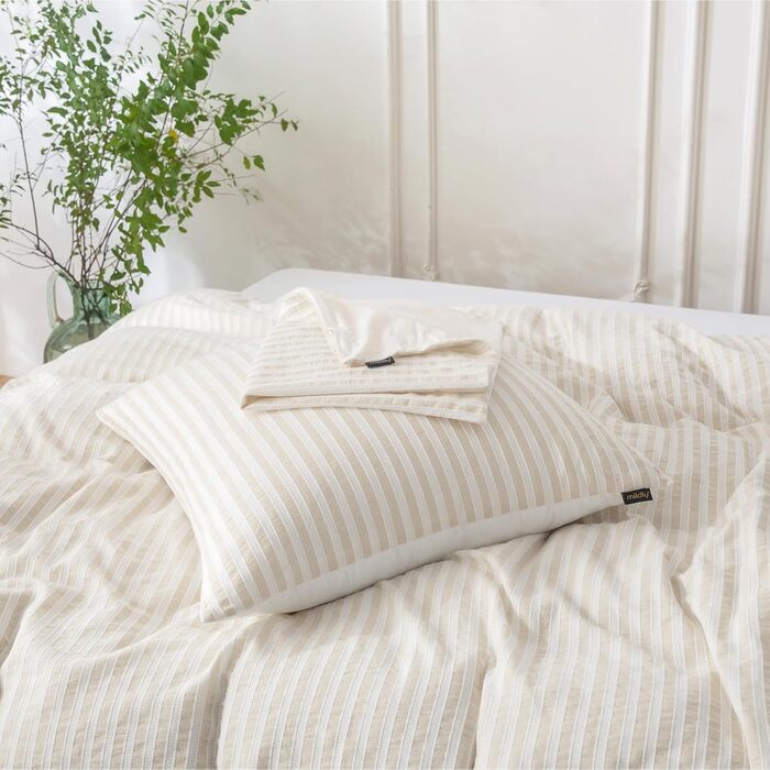 Набір постільної білизни SOULFUL 200x200, бавовна, смужка, жаккард, бавовна преміум-якість, сертифікат Öko-Tex 100, джинсовий блакитний (льон-сірий & білий), 2 шт. 40x80 см