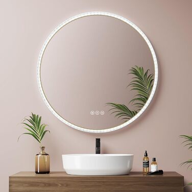 Дзеркало для ванної кімнати EMKE з підсвічуванням, 80 см, 3 кольори світла, регулювання яскравості, антизапар, сенсорне управління, функція пам'яті, енергозбереження, кругле, золотий фрейм (60x60 см)