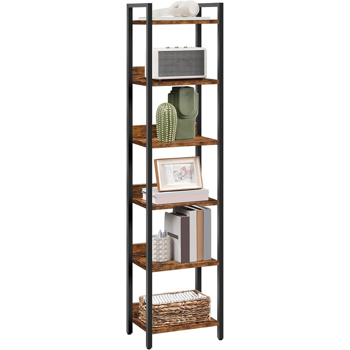 Стелаж MAHANCRIS ABKHR6601N1 з 6 полицями, 24 x 33 x 157,5 см, для вітальні, спальні, офісу, з металевим каркасом, рустичний колір, коричнево-чорний