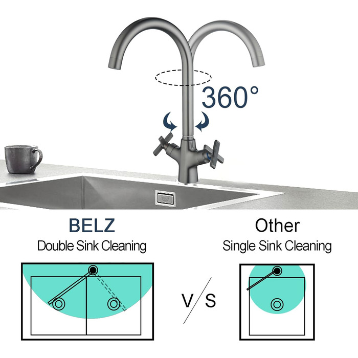 Змішувач для кухні BELZ з подвійною ручкою, обертається на 360, латунь хром (gunmetal)