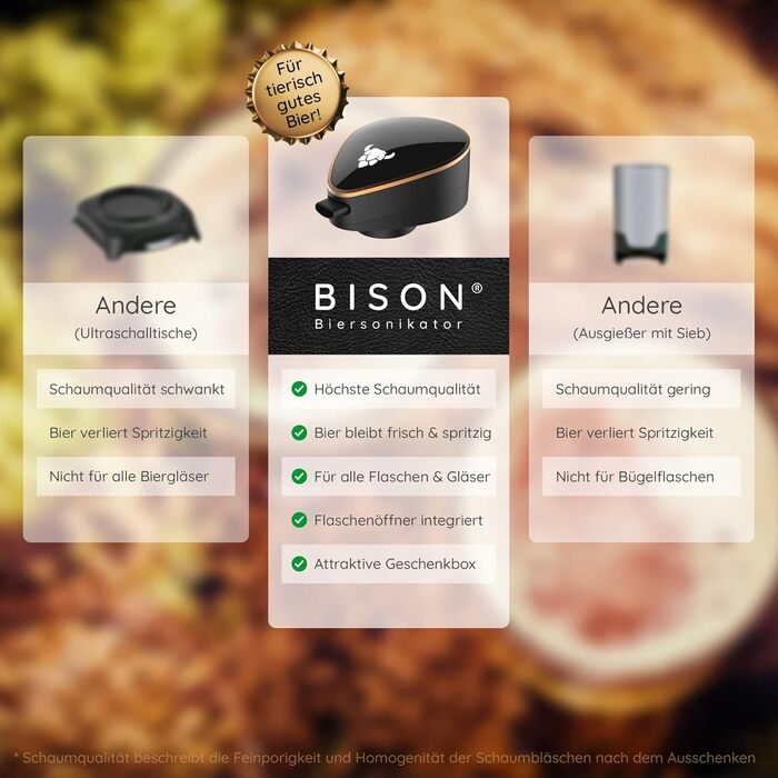 BISON Biersonikator: Ультразвуковий насадка для пляшок з пивом - як з крана. Подарунок для чоловіків, чорний/золотий