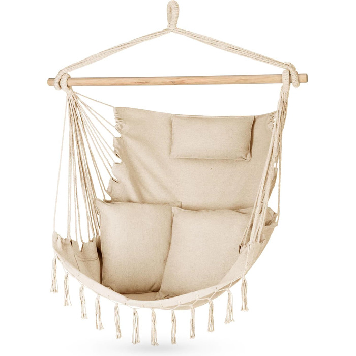 Гамак-крісло з подушкою 100x130x75 см, до 150 кг, для саду та дому, бохо-стиль, для дорослих (Бежевий)
