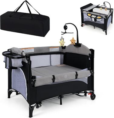 Дитяче ліжко-манеж DREAMADE 5 в 1 з матрацом, колесами та пеленальним столиком, з музичною іграшкою, 110x76 см, для новонароджених, з сумкою (зелений/сірий)