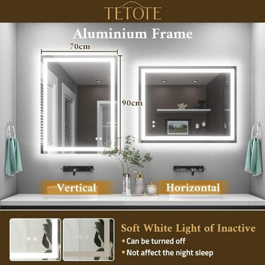 Дзеркало для ванної кімнати TETOTE з підсвічуванням 90x90 см, без рами, LED-touch, 3 кольори, регулювання яскравості, антизапар, пам'ять