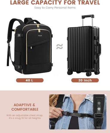 LOVEVOOK Рюкзак для ручної поклажі, дорожній рюкзак для жінок, водонепроникний, з відділенням для взуття, 17-дюймовий ноутбук, рюкзак для подорожей, 40L, 45x36x20, чорний