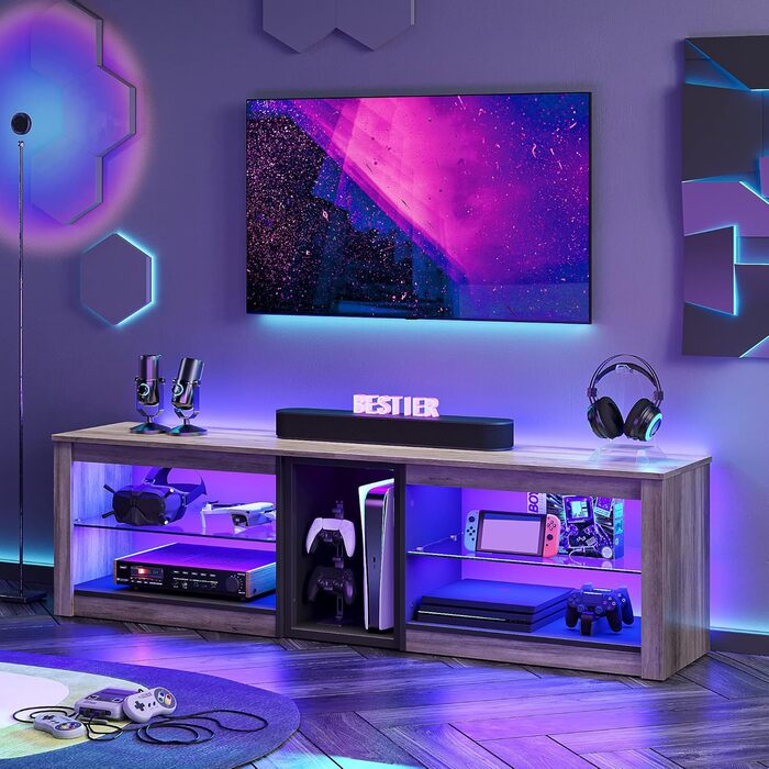 ТВ-тумба Bestier для телевізорів до 65 дюймів, 160x35x52 см з RGB-підсвічуванням та органайзером для кабелів, сірий колір