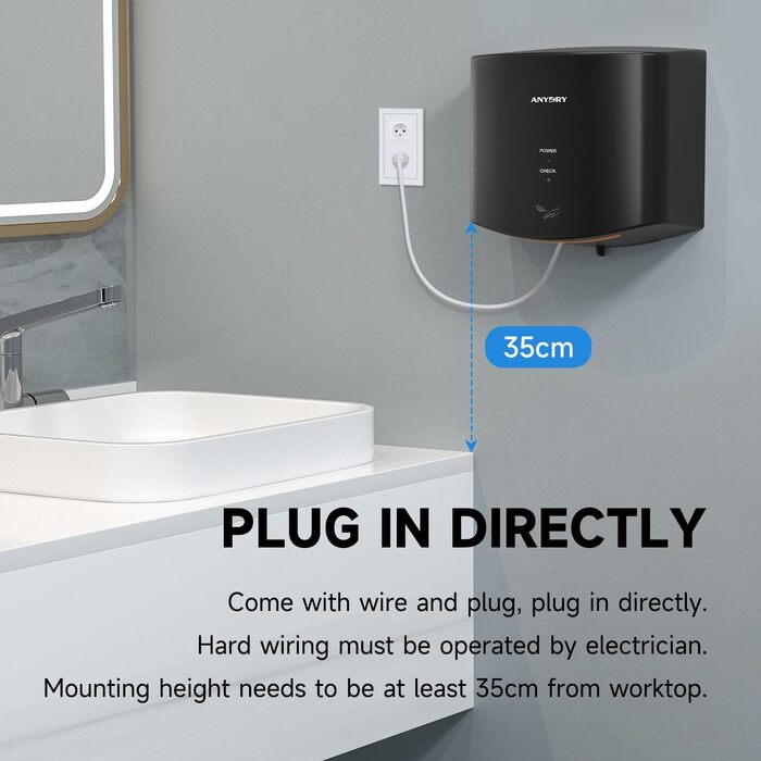 Anydry 2630S - Компактний електричний сушар для рук, автоматичний, настінний, для дому та бізнесу, чорний