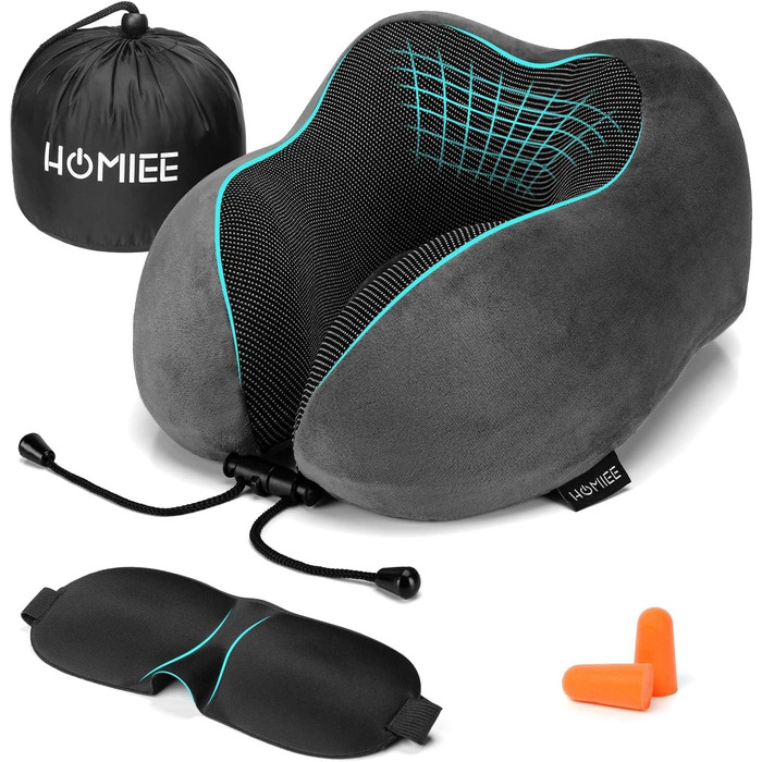 Подушка для шиї HOMIEE, подушка для подорожей, автомобіль, memory foam, ортопедична, для сну, офісу, подорожей (сіра)