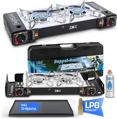 Газовий набір для кемпінгу ZMC 2-поверховий з адаптером для LPG + 4 балончики 227г + кейс. Потужність 2,5кВт, з п'єзозапалюванням, для відпочинку на природі та дому. (Газовий нагрівач + гриль + 28 балончиків)