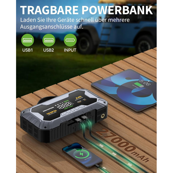 Powerbank для автомобіля AIMAPOW Starthilfe 8000A з компресором та LED-ліхтарем, 27000mAh, 160PSI, для бензинових та дизельних двигунів (до 12.0L)